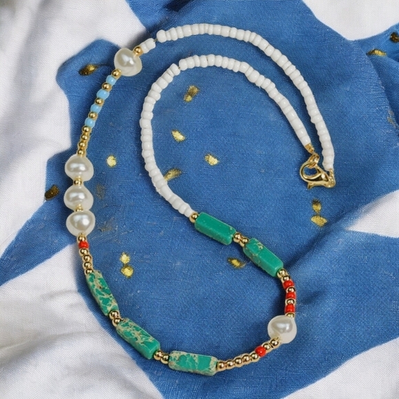 π Boho Pearl & Turquoise Gemstone Beaded Necklace | Handmade Bohemian Chic - Picture 8 of 15